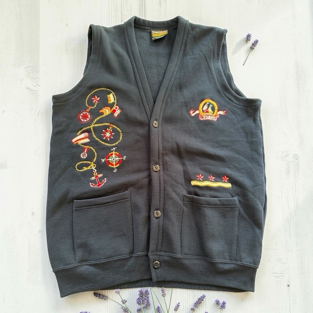 Vintage Nautical Embroidered Sweater Vest Yacht‎ Club Button Front Mens L Navy